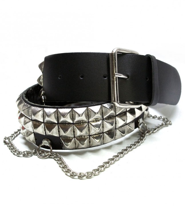 Leather Belt Pyramid Stud with chain 85 cm / 3 row
